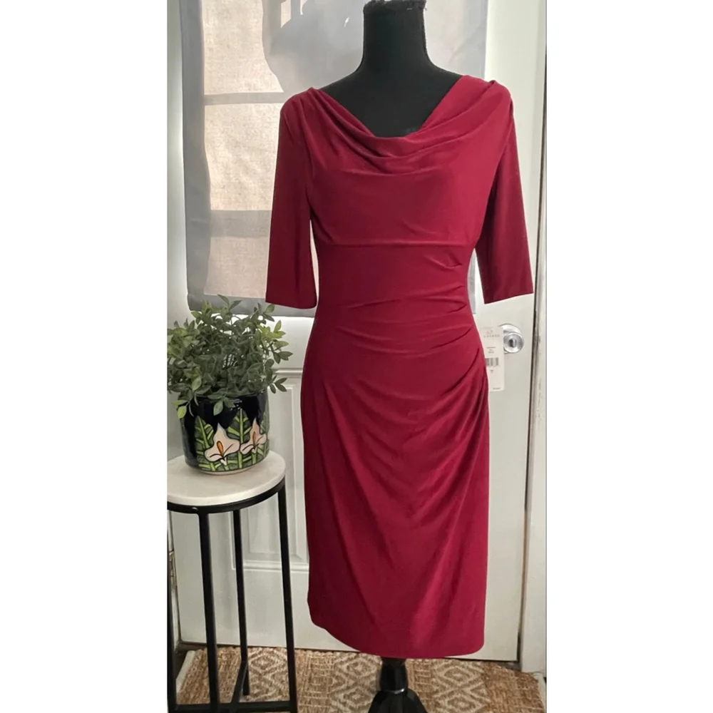 Lauren Ralph Lauren Dress Size 4 Oxblood Cowl Neck Ruched Midi NWT - Picture 1 of 5
